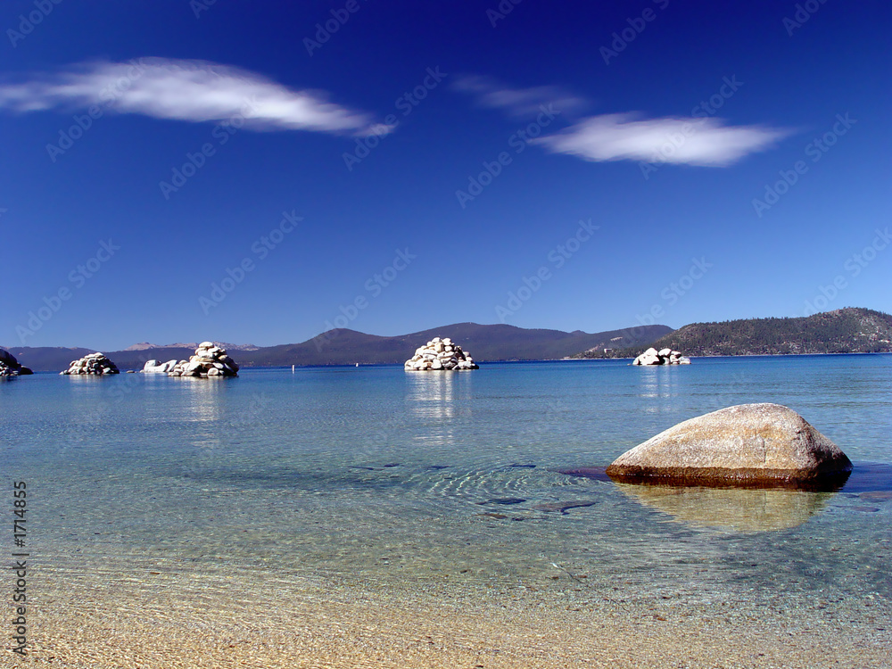 太浩湖的海滩，岩石在清澈透明的水中，天空湛蓝