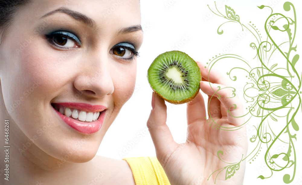 portrait of a girl keeping a kiwi