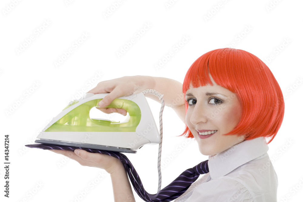 Woman ironing tie