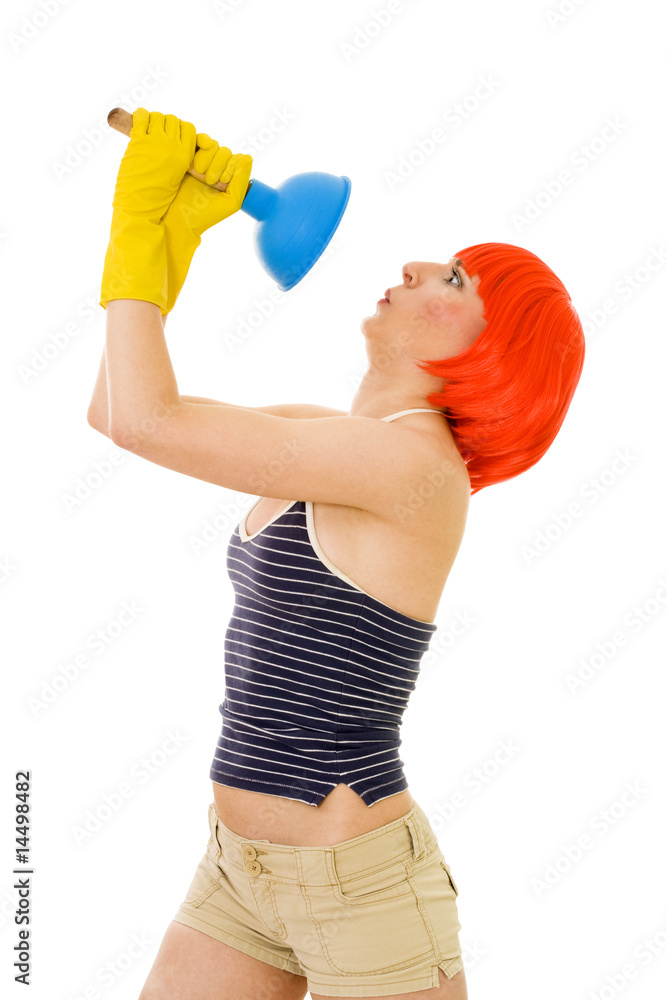 Shocked woman with cleaning tool