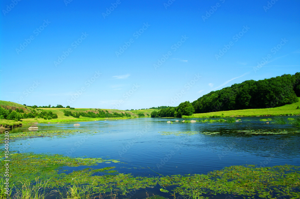 river and  blue sky