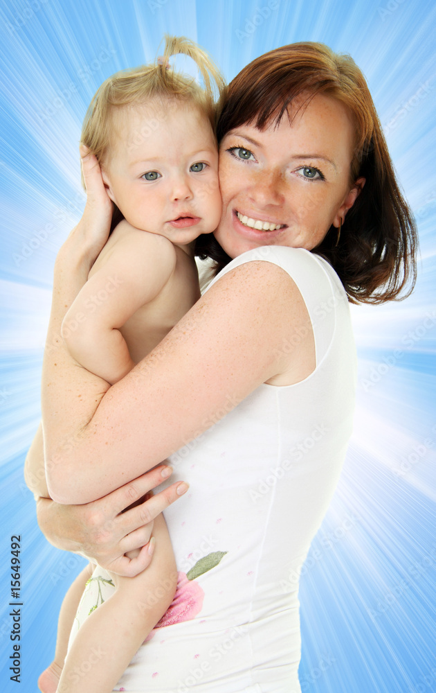 Picture of happy mother with baby over white