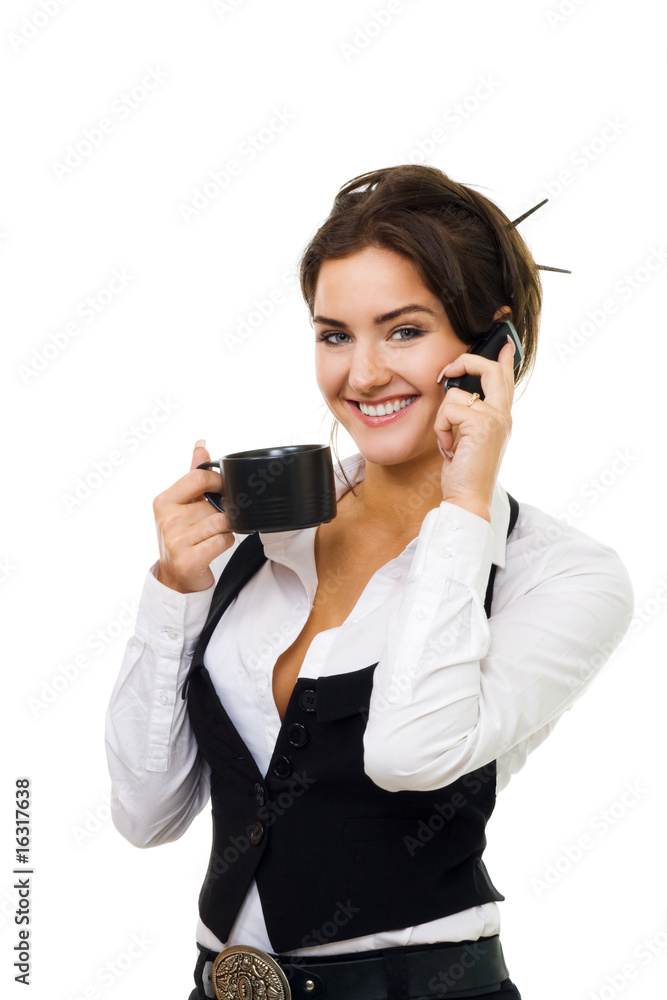 Young woman drink and speak by cell phone