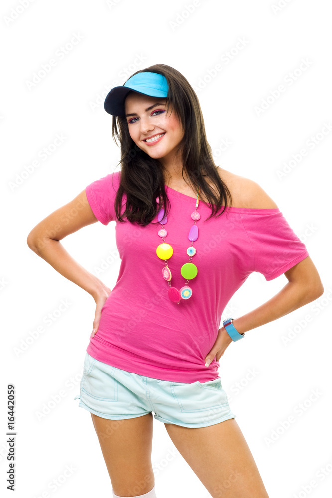 Happy woman standing in pink and blue smile