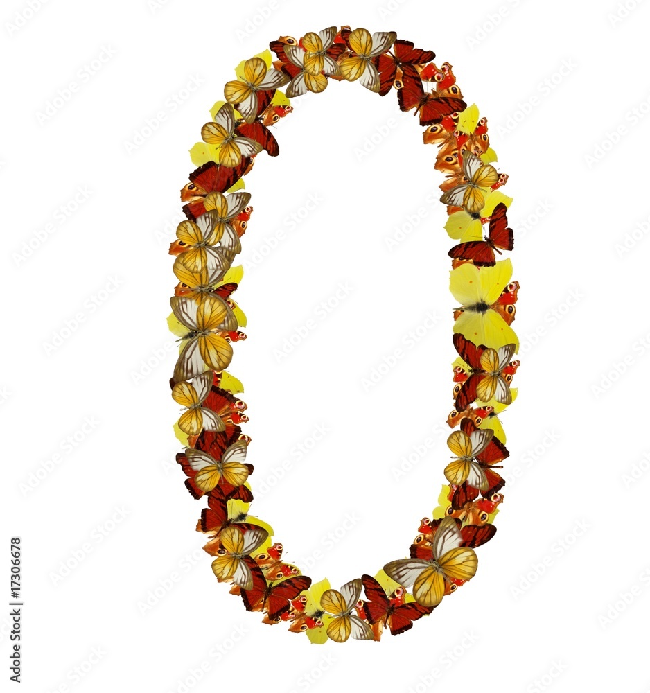 Number zero made of exotic colored butterflies