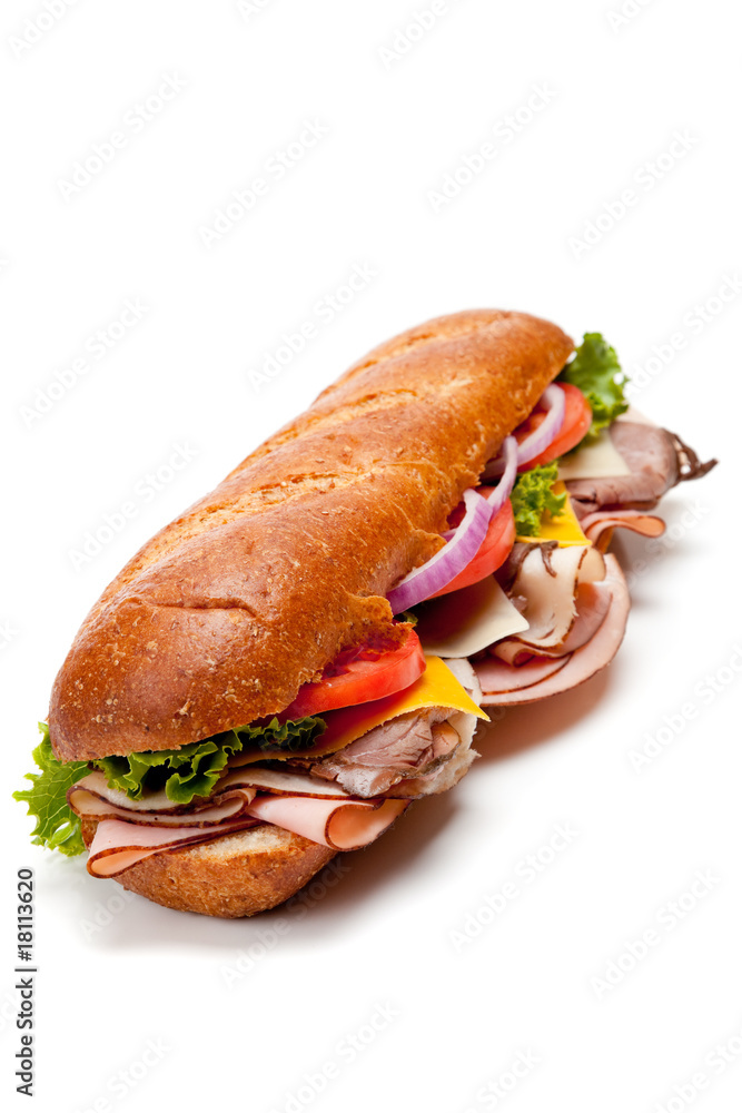 A submarine sandwich on a white background