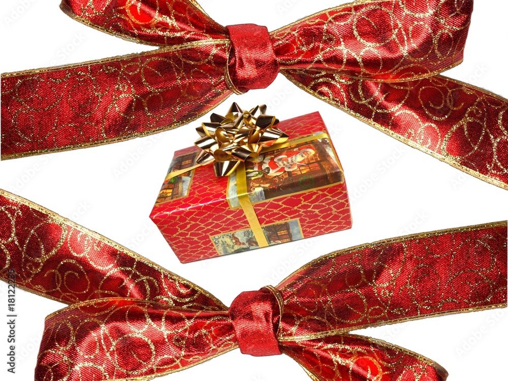 Decorative ribbon with christmas gift on white background.