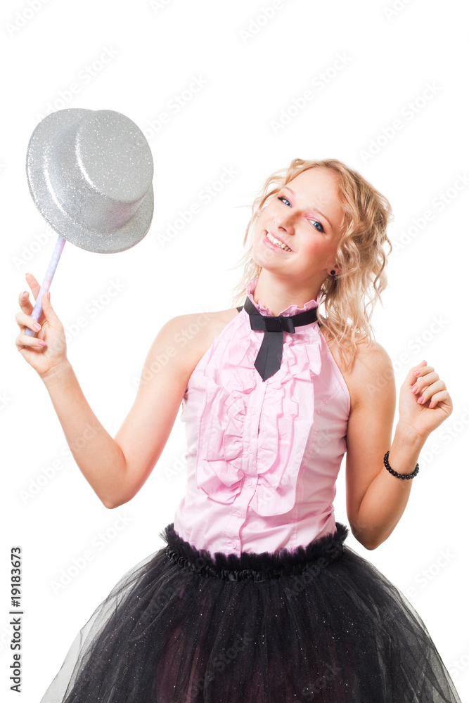 Blond magitian woman play with hat and magic wand