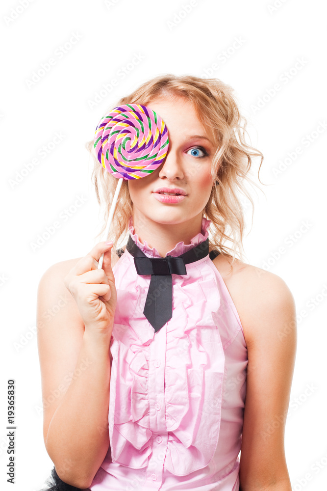 woman with lollipop in pink dress