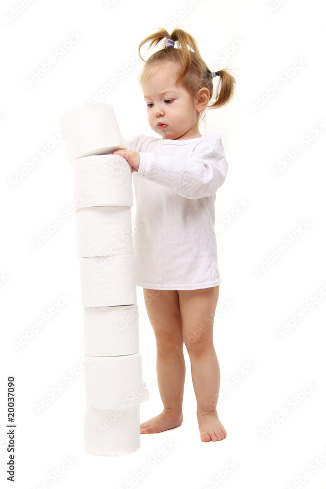 Baby girl with toilet paper