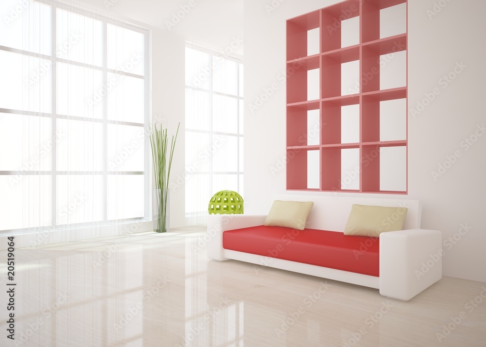 white interior with red sofa