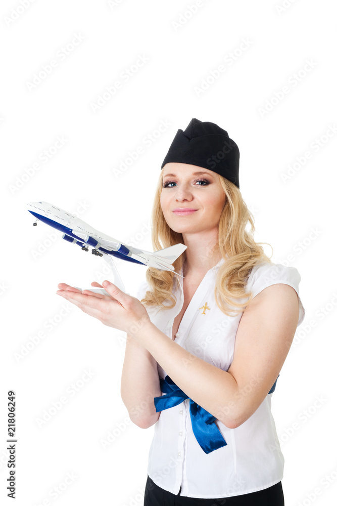 Flight attendant with model of aircraft