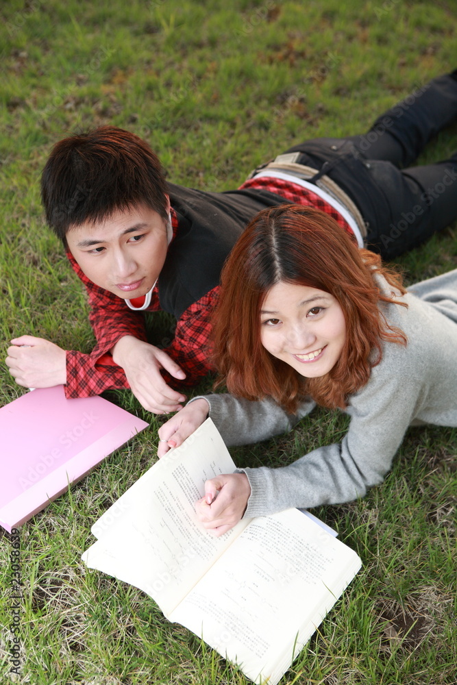 couple of asian  reading book on grass