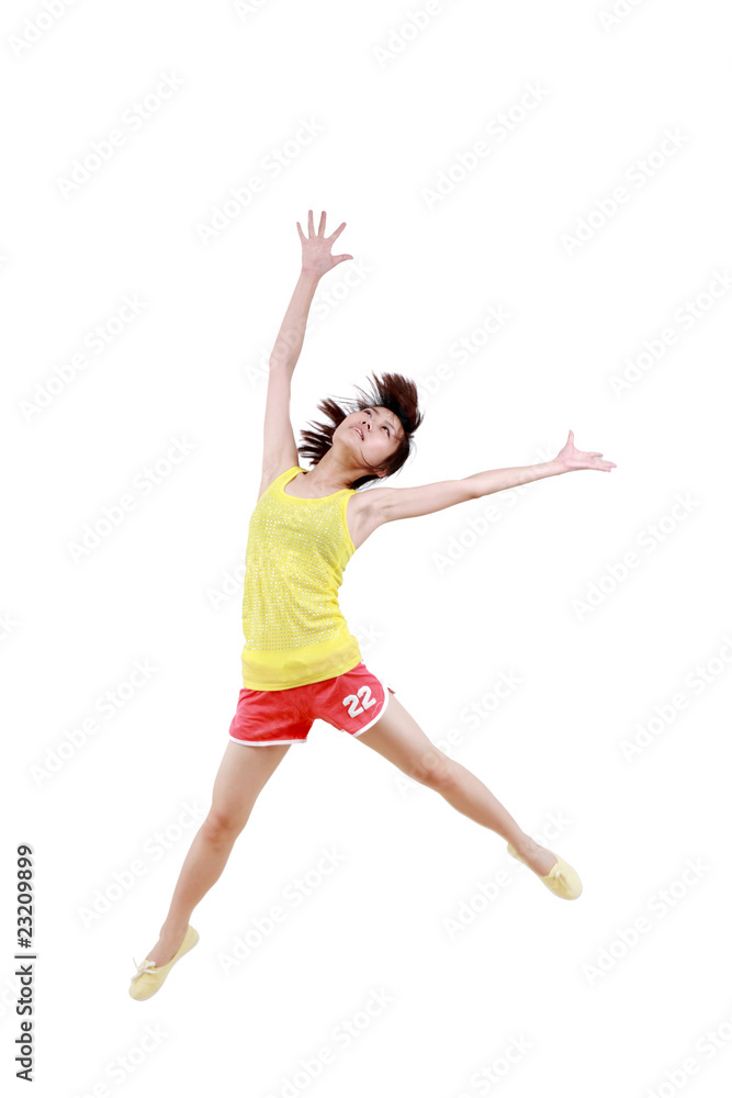 Girl jumping isolated on white background .