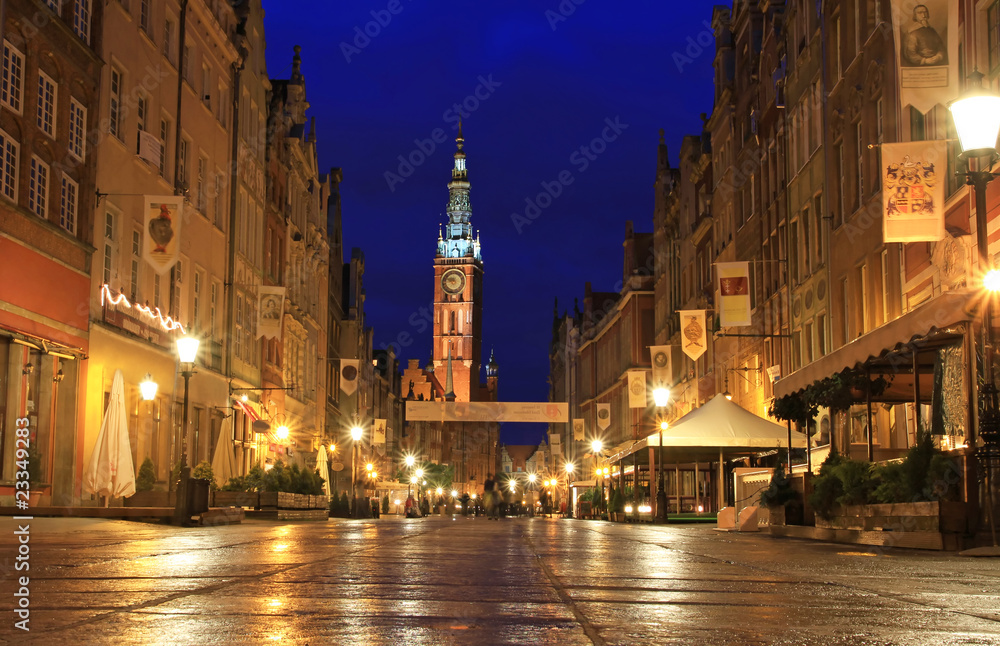 Long street in Gdansk at night