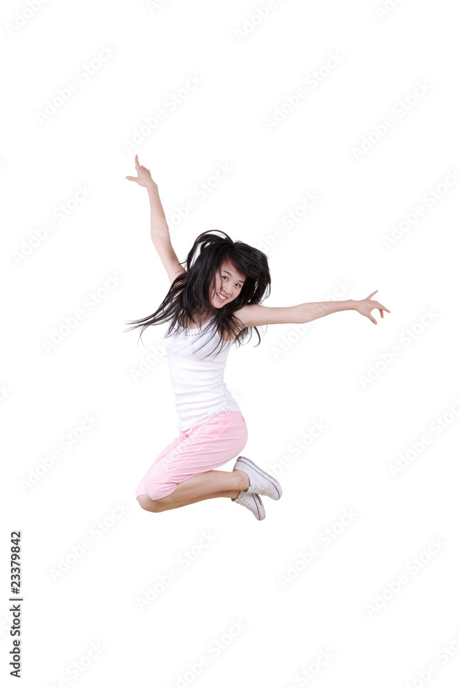 Girl jumping isolated on white background .