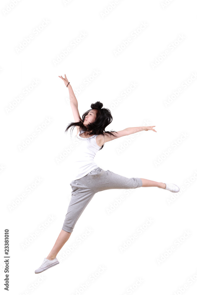 Girl jumping isolated on white background .