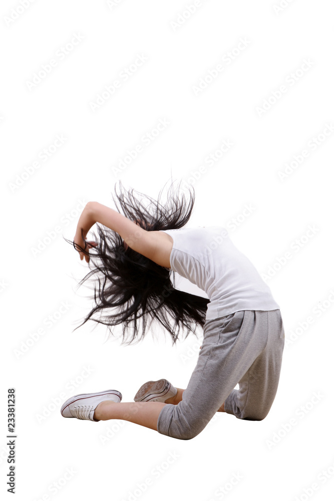 Girl jumping isolated on white background .