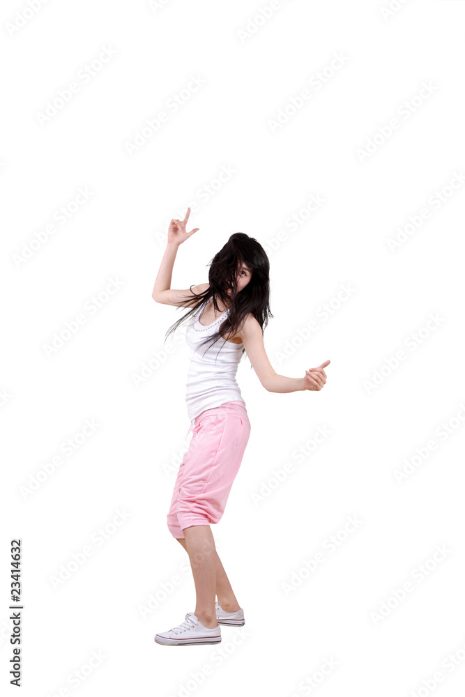 Girl jumping isolated on white background .