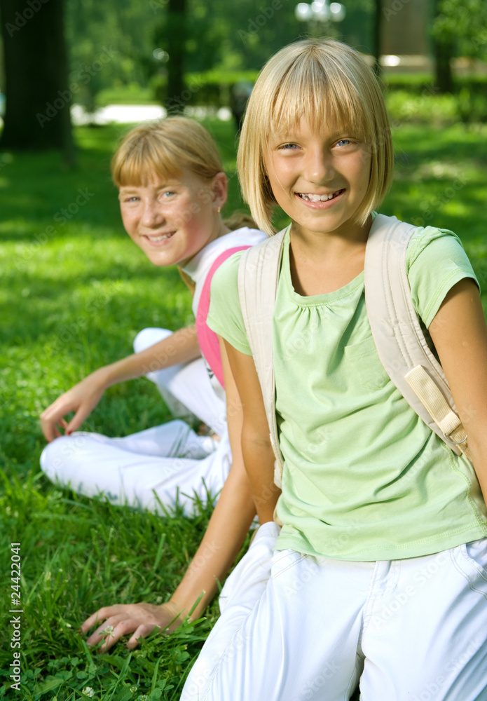 Happy Schoolgirls outdoor.Back to School