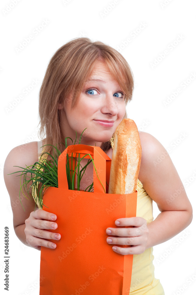 Surprised woman with baguette