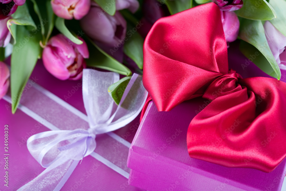 Pink tulips and gift boxes