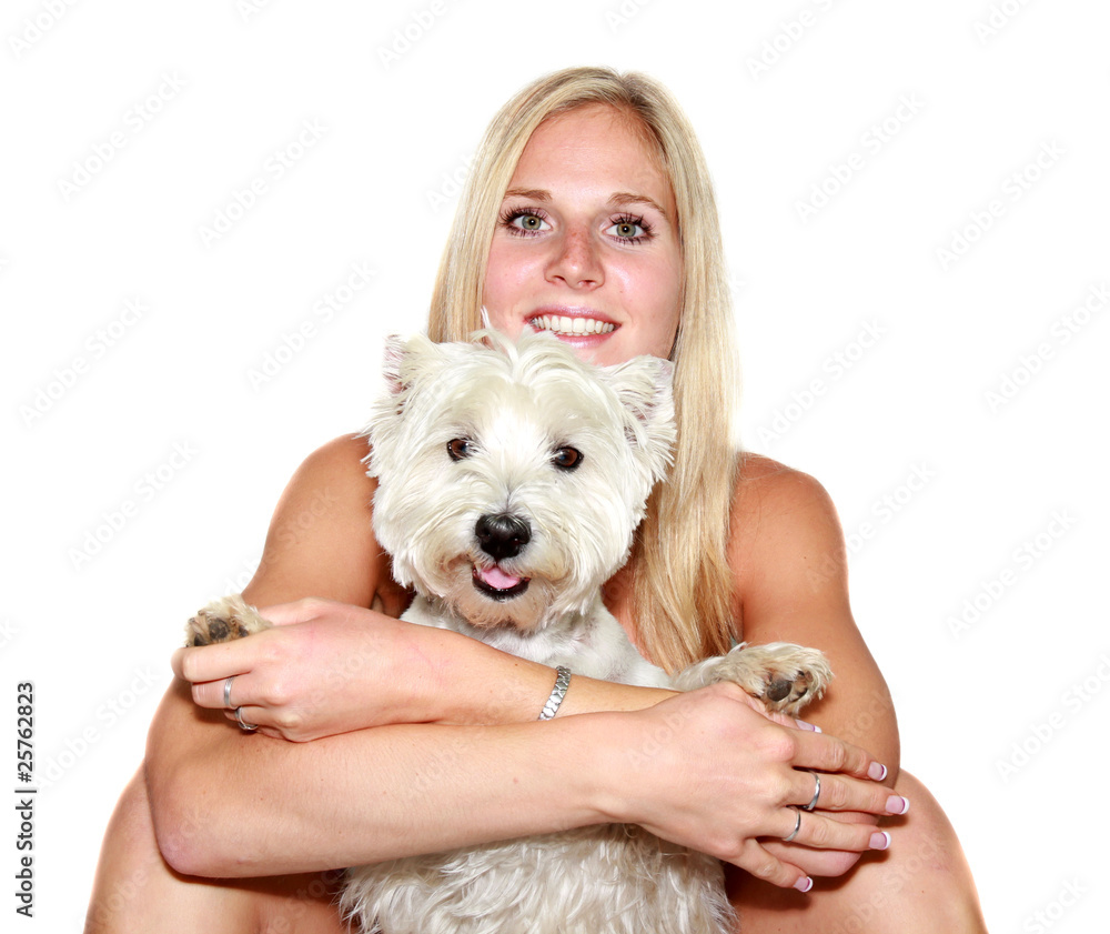 BLond girl with terrier isolated over white