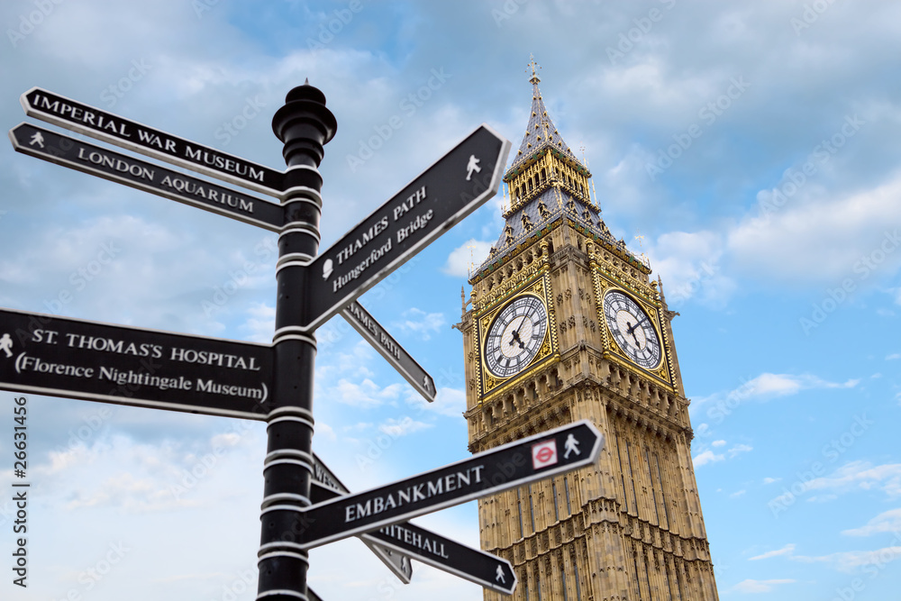 Big Ben and street signs, London, UK