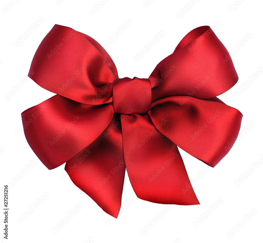 Red satin gift bow. Ribbon. Isolated on white