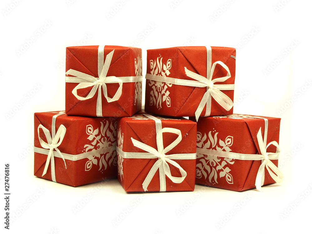 Red patterned gifts on white background