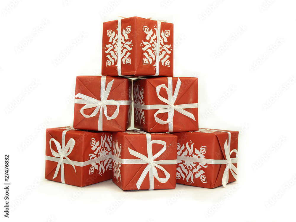 Red patterned gifts on white background