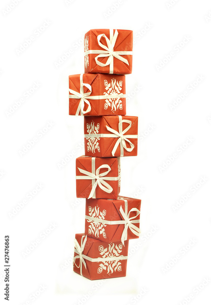 Red patterned gifts on white background