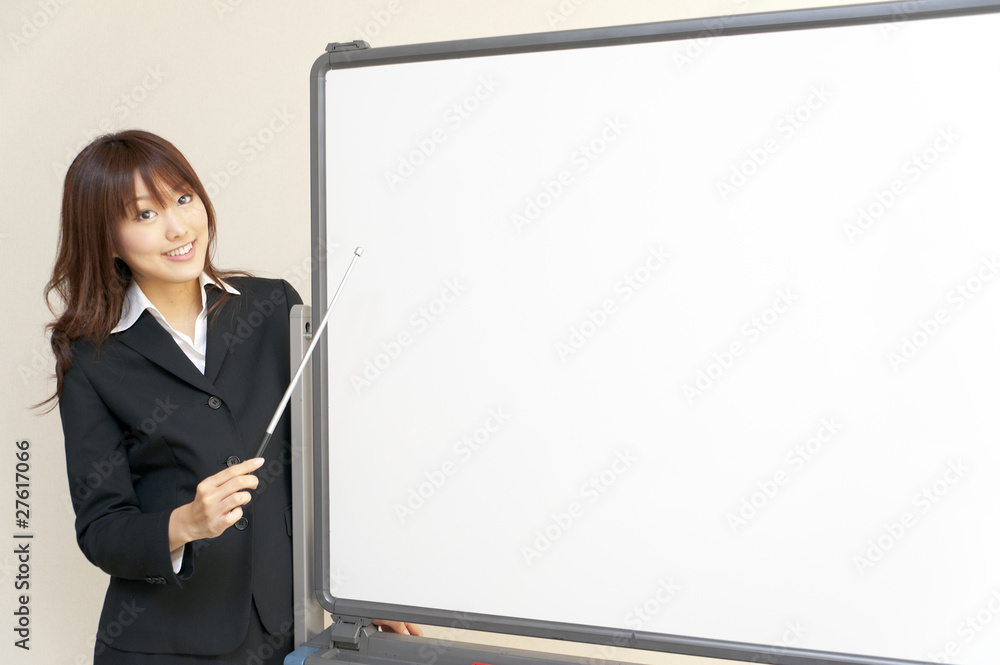 a portrait of young business woman with blank white board