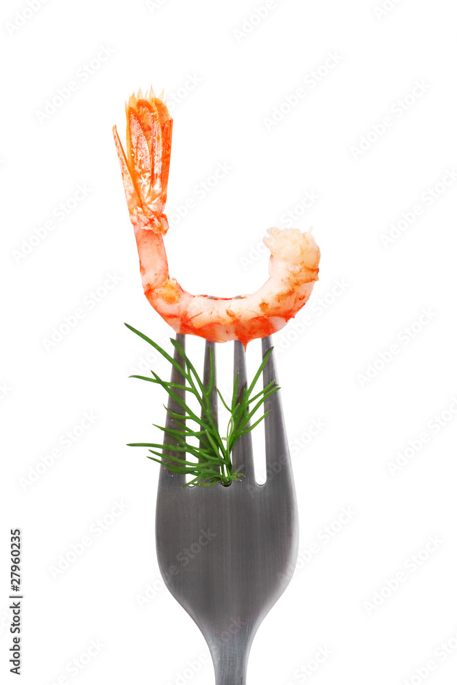 Shrimp on fork over white background + Clipping Path