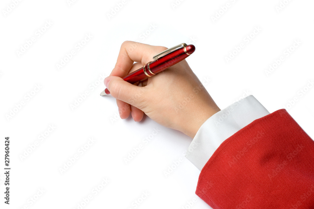 Pen in woman hand isolated on white background + clipping path