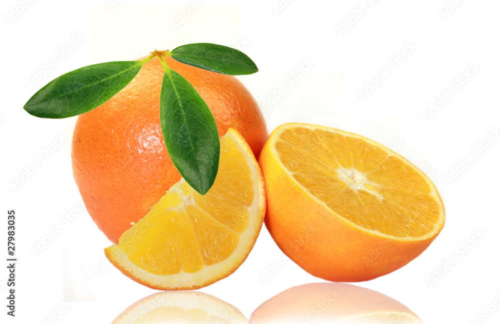 Fresh oranges on white background