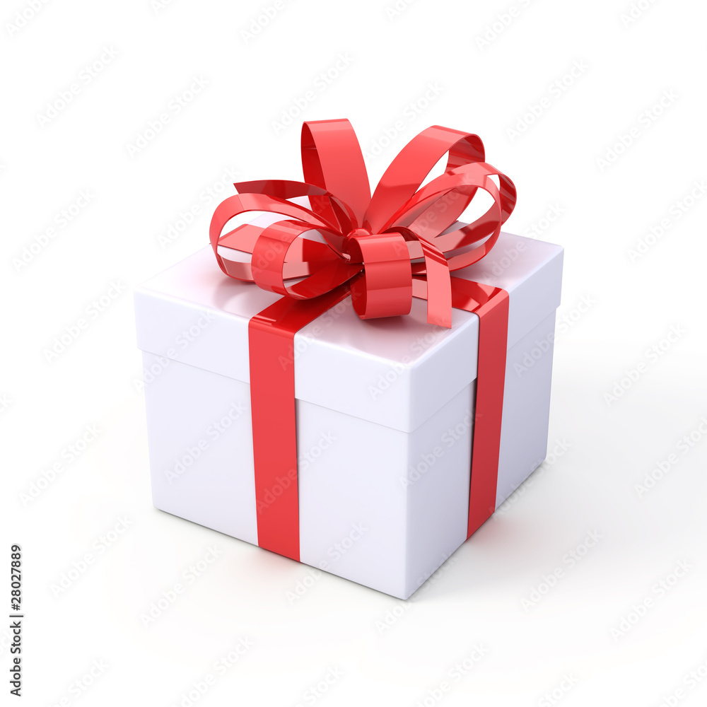 White box with red bow isolated on white