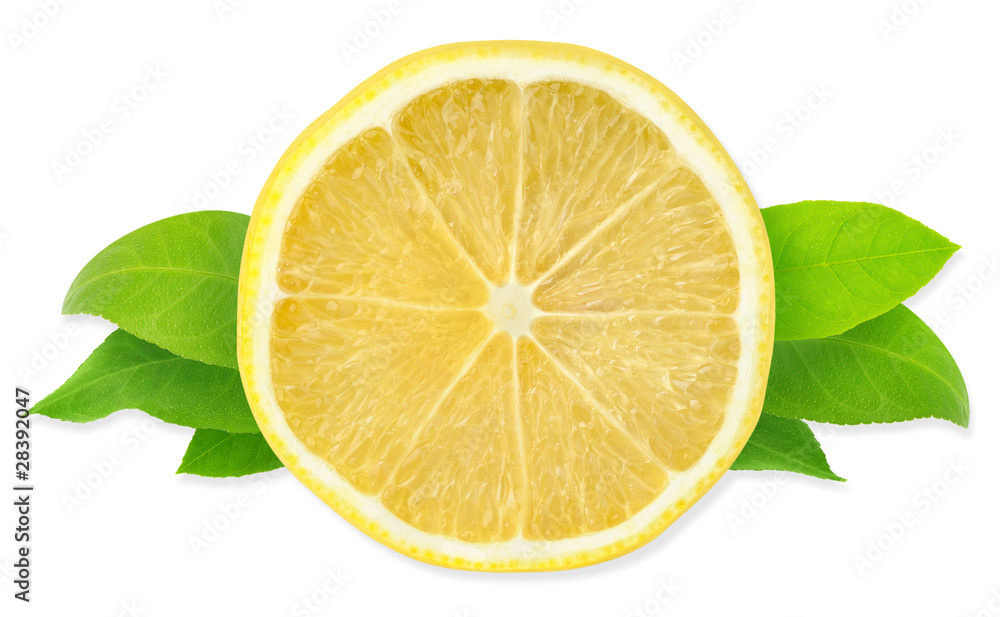 Isolated lemon. One slice of lemon with leaves, design element isolated on white background