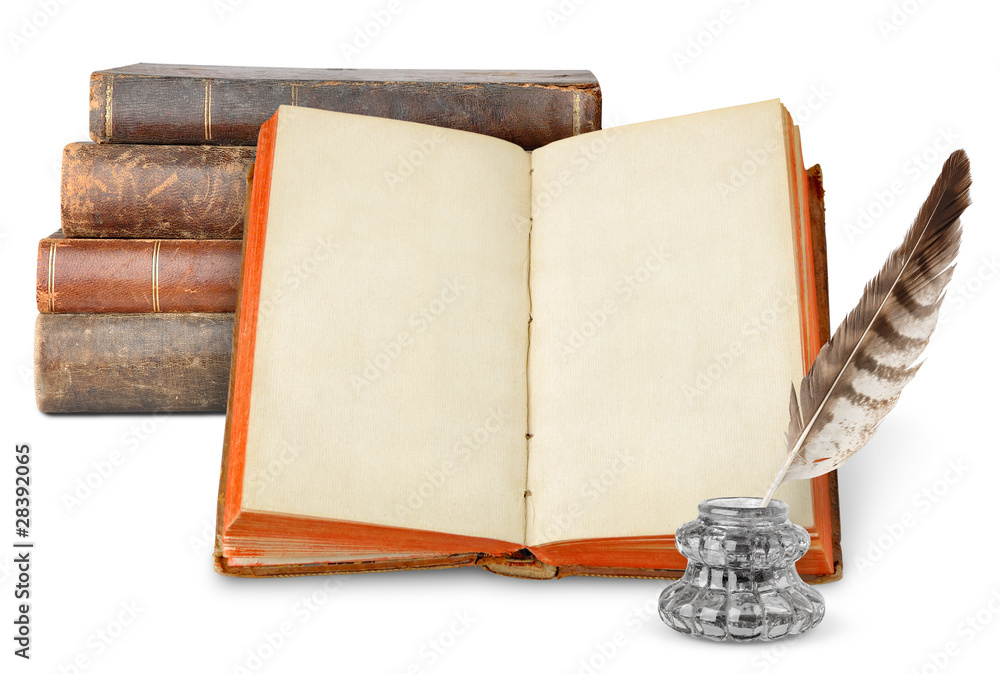 Isolated books. Stack of old books, one open book with black pages and inkstand isolated on white ba