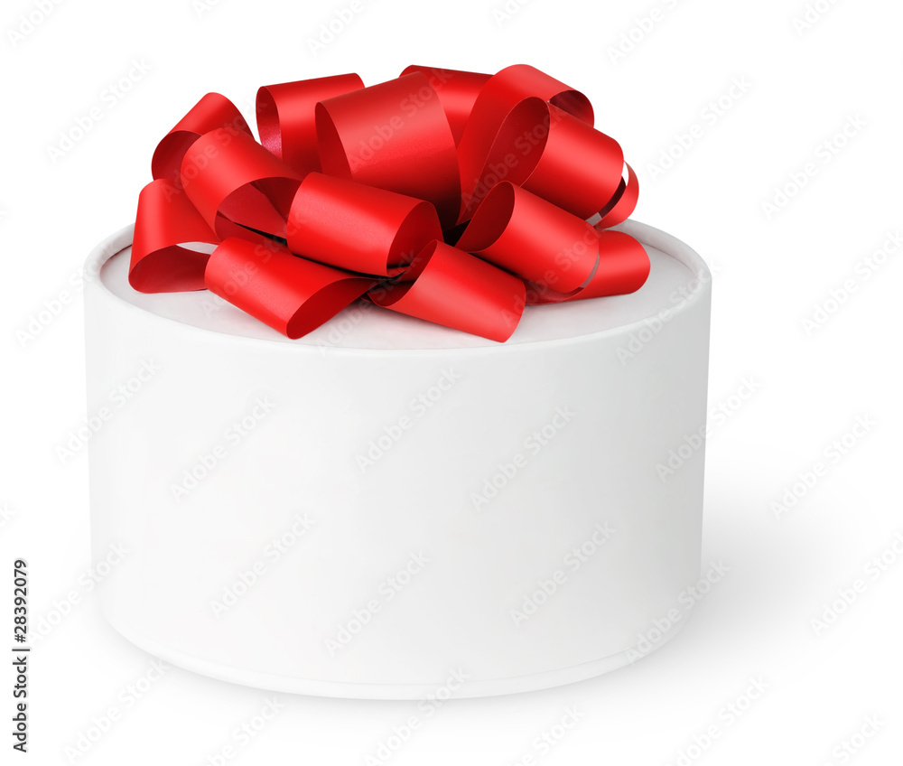 Isolated box. White gift box with red ribbon isolated on white background