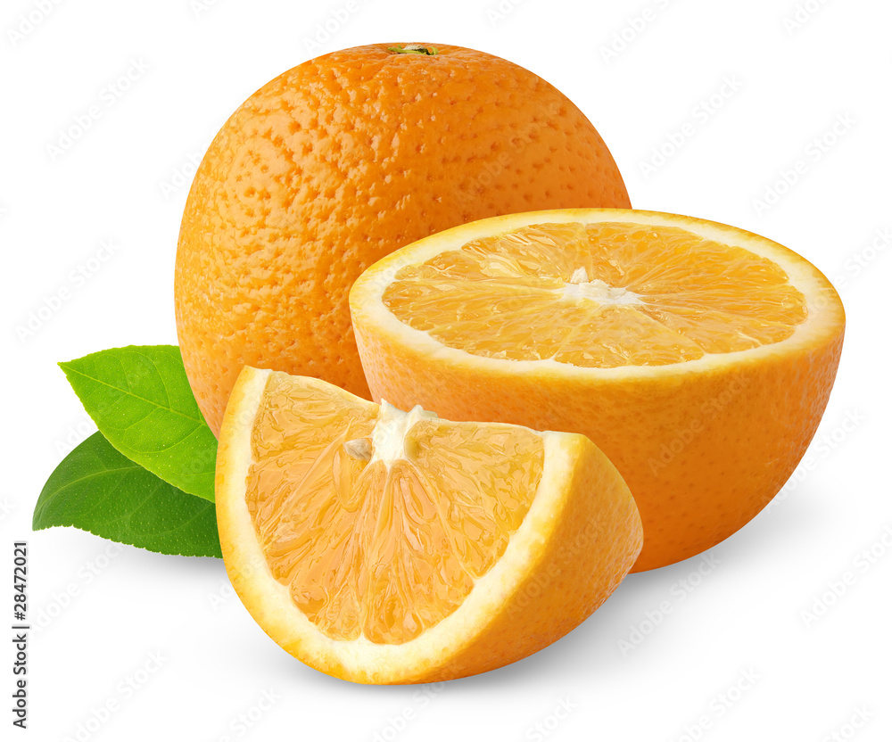 Isolated oranges. Cut orange fruits isolated on white background