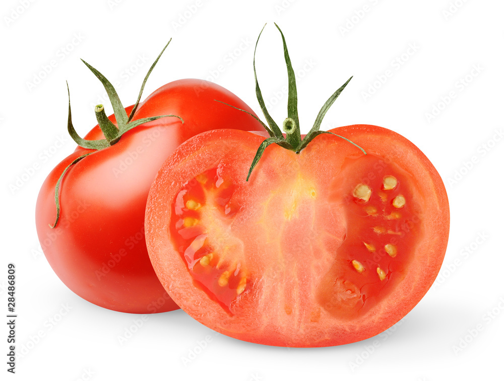 Isolated tomato. One and a half fresh tomatoes isolated on white background