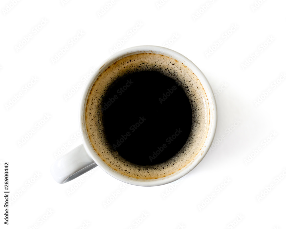 cup of coffee isolated on white background, photographed from above