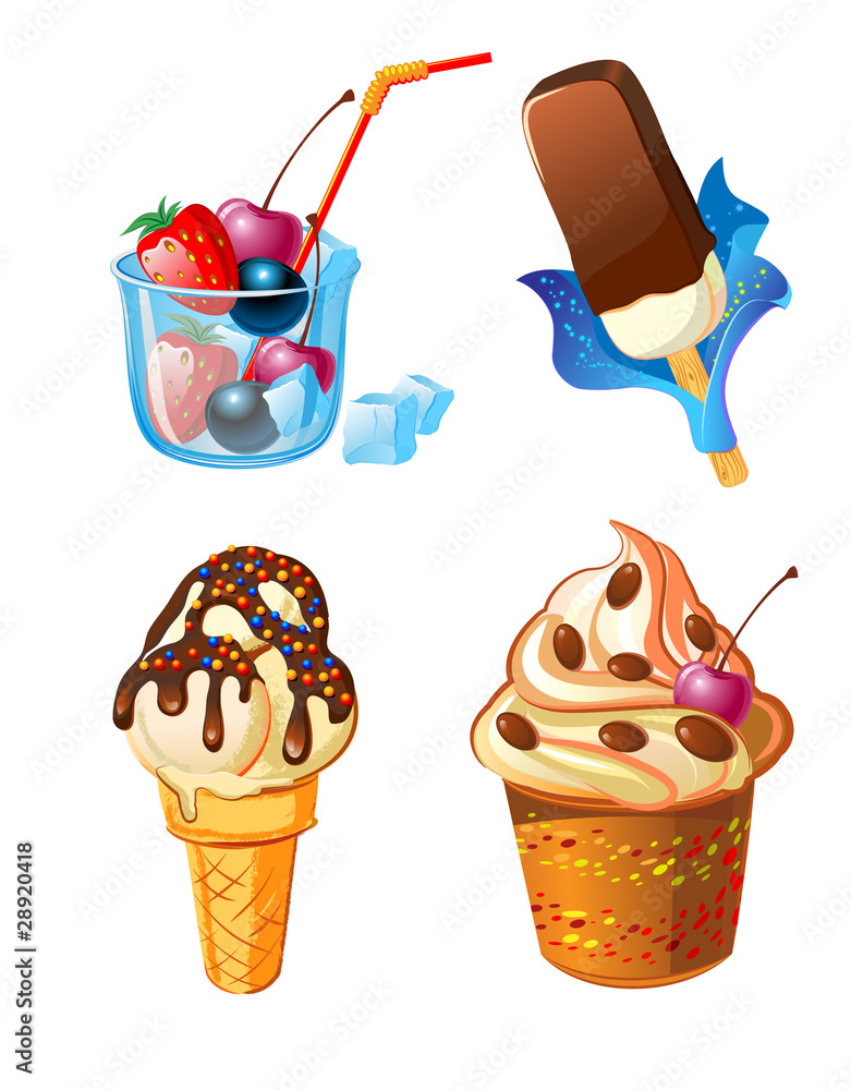 set of ice-cream with fruits