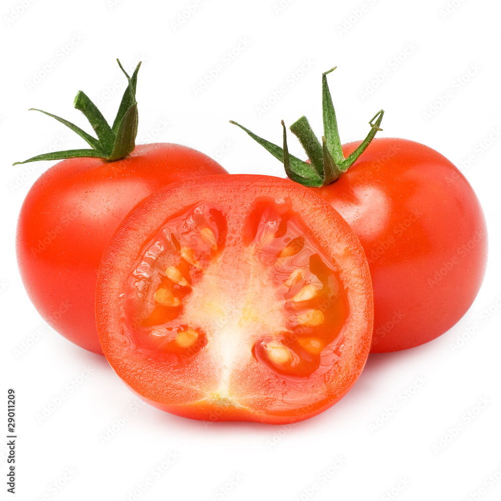 red tomato vegetable with cut isolated on white background