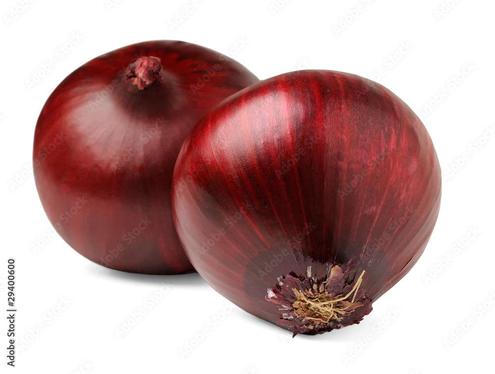 Two red onions isolated on white background