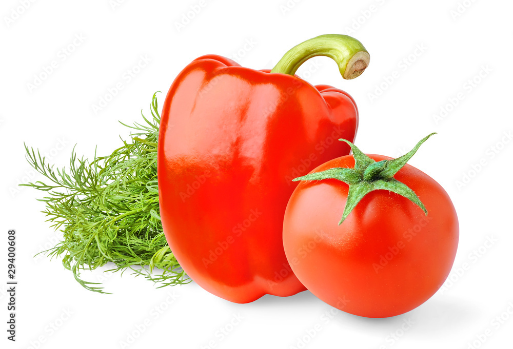 Isolated vegetables. Fresh red bell pepper, tomato and dill isolated on white background