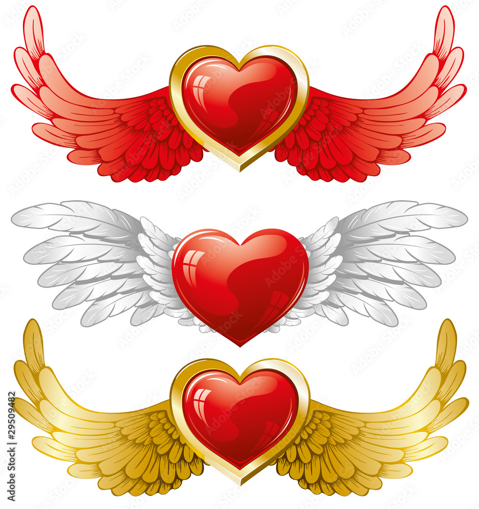 set of hearts with wings