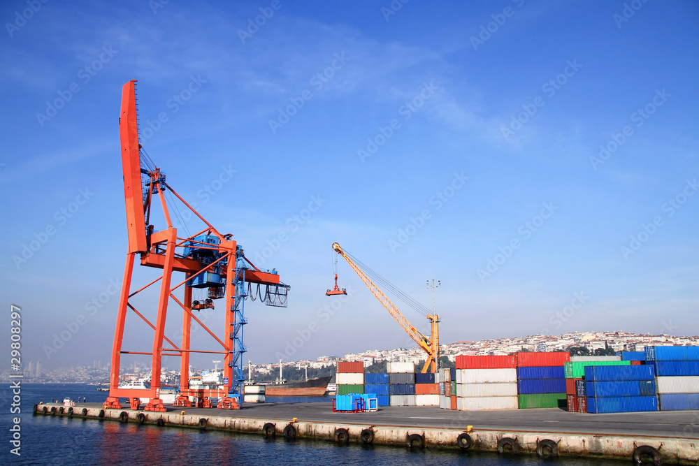 Port warehouse with cranes and containers