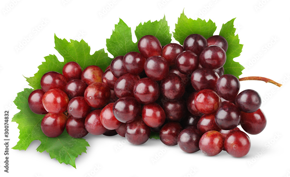 Isolated grapes. Bunch of red grape with leaf isolated on white background